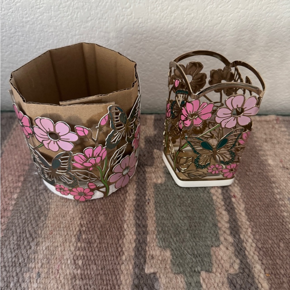 NWT BBW Pink Butterfly&Flowers Set 3-Wick Candle Holder and Soap Dispenser.